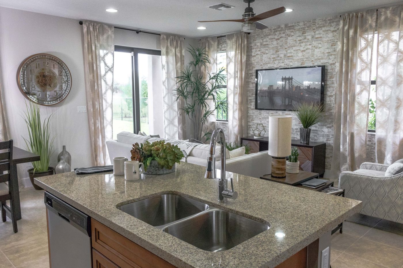 Connected kitchen and living rooms planned together during a whole-home remodel